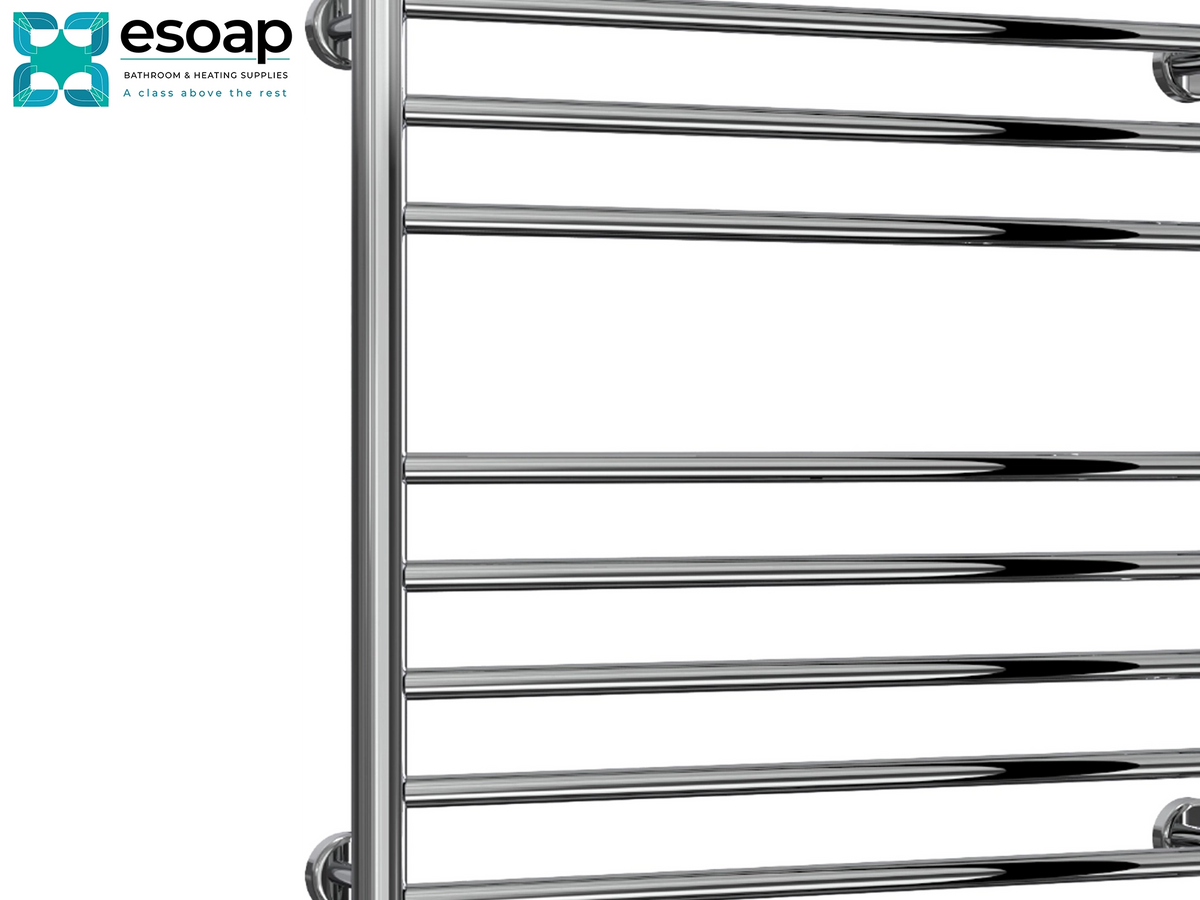 A close-up of a polished chrome heated towel rail with horizontal bars, shown against a white background with the Esoap logo in the top-left corner. Reina Luna 720x600 Polished Stainless Steel Designer Radiator