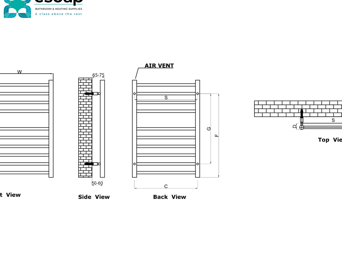 A technical dimension diagram showing multiple views of a towel rail: front view, side view, back view, and top view, with labels for width, height, air vent, and dimensions. The image includes a small logo in the top-left corner. Reina Luna Polished Stainless Steel Designer Radiator
