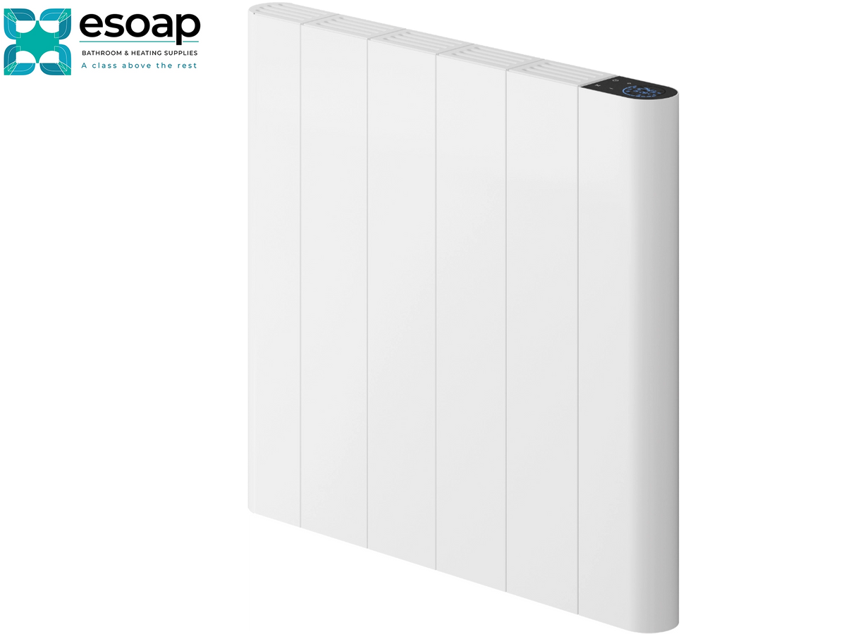 A white panel radiant heater shown at an angle on a clean white background, with the Esoap logo in the top-left corner. Reina Maia Horizontal 500x544 White Designer Radiator