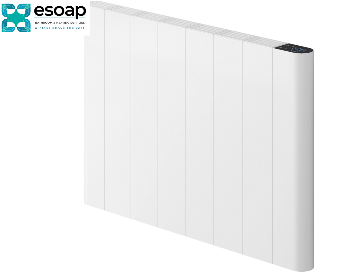 A white panel-style electric heater shown at an angle on a clean white background, with a small dark control panel on the top right. The Esoap logo appears in the upper left corner. Reina Maia Horizontal 500x725 White Designer Radiator