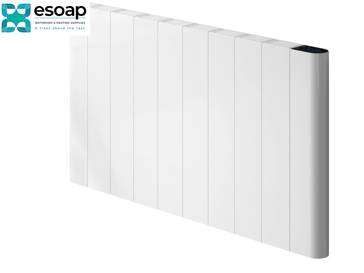 A white panel radiant floor heater shown at an angle on a clean white background, with the Esoap logo in the top-left corner. Reina Maia Horizontal 500x907 White Designer Radiator