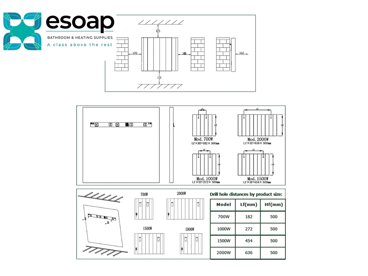 Technical specification sheet and installation diagram for Esoap wall-mounted electric water heaters, showing dimension drawings, power ratings, and a drill hole distance table. Reina Maia Horizontal White Designer Radiator