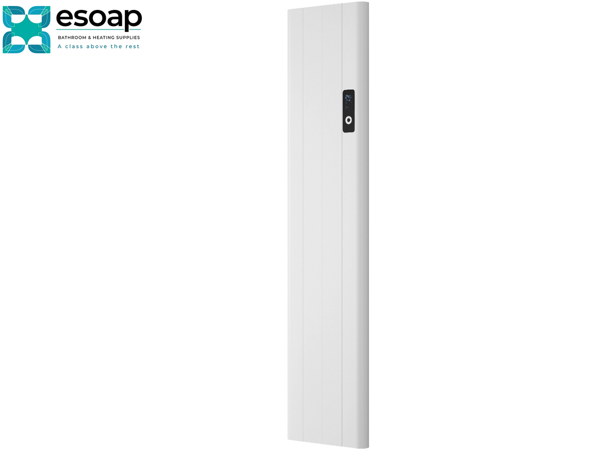 A tall, slim white panel heater with a small black digital control display on the upper right side, shown against a plain white background with the Esoap brand logo in the top-left corner. Reina Maia Vertical 1600x362 White Designer Radiator