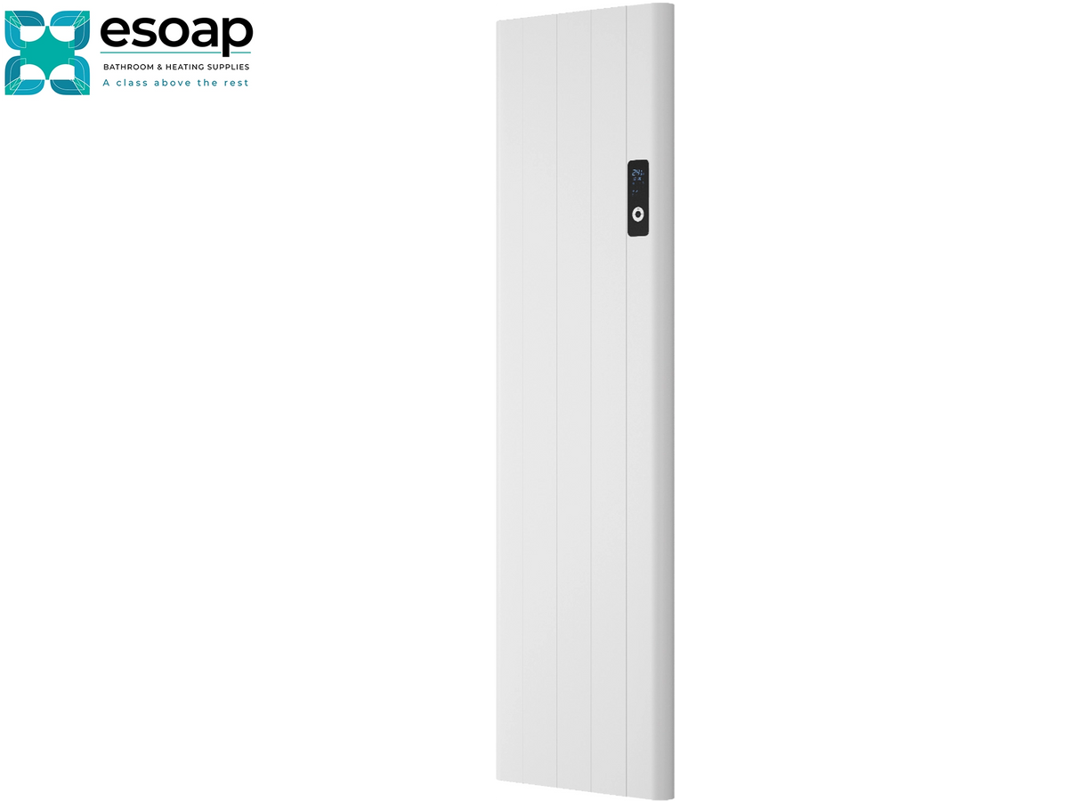 A tall, slim white rectangular panel with a small black control module on the upper right side, shown on a plain white background. The logo for esoap is visible in the top-left corner. Reina Maia Vertical 1600x453 White Designer Radiator
