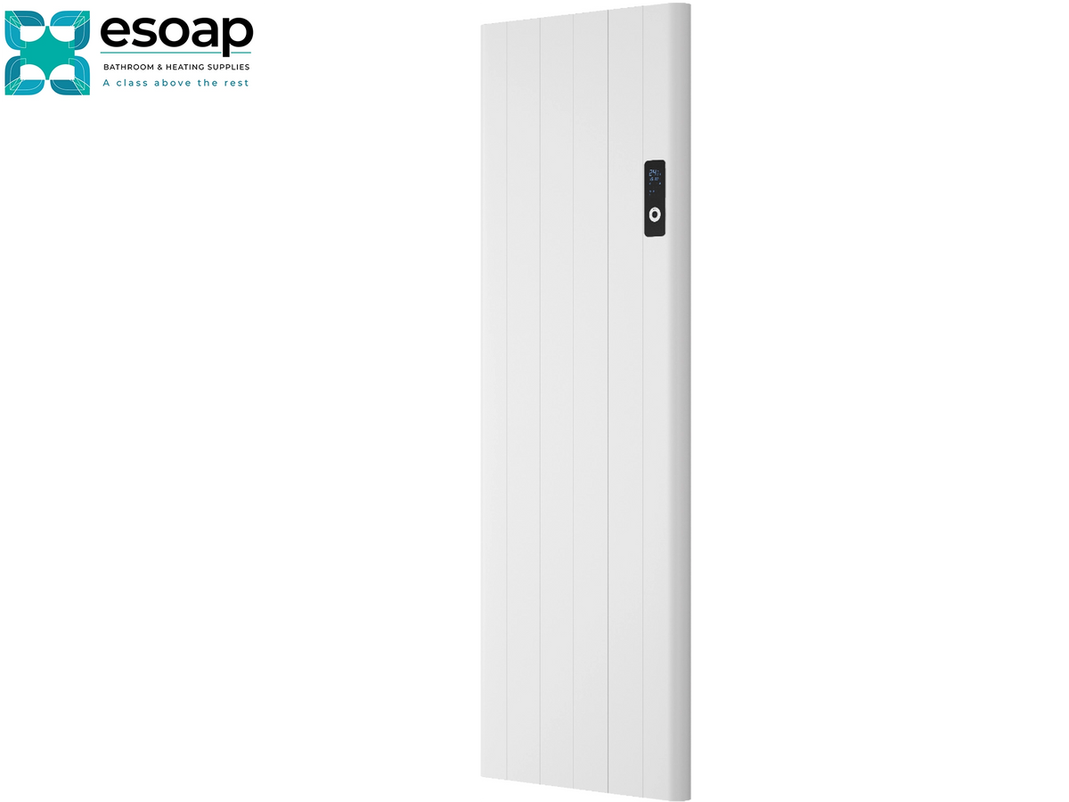 A tall, white vertical panel heater with a black digital control display on the upper right side, shown against a plain white background with the Esoap brand logo in the top-left corner. Reina Maia Vertical 1600x544 White Designer Radiator