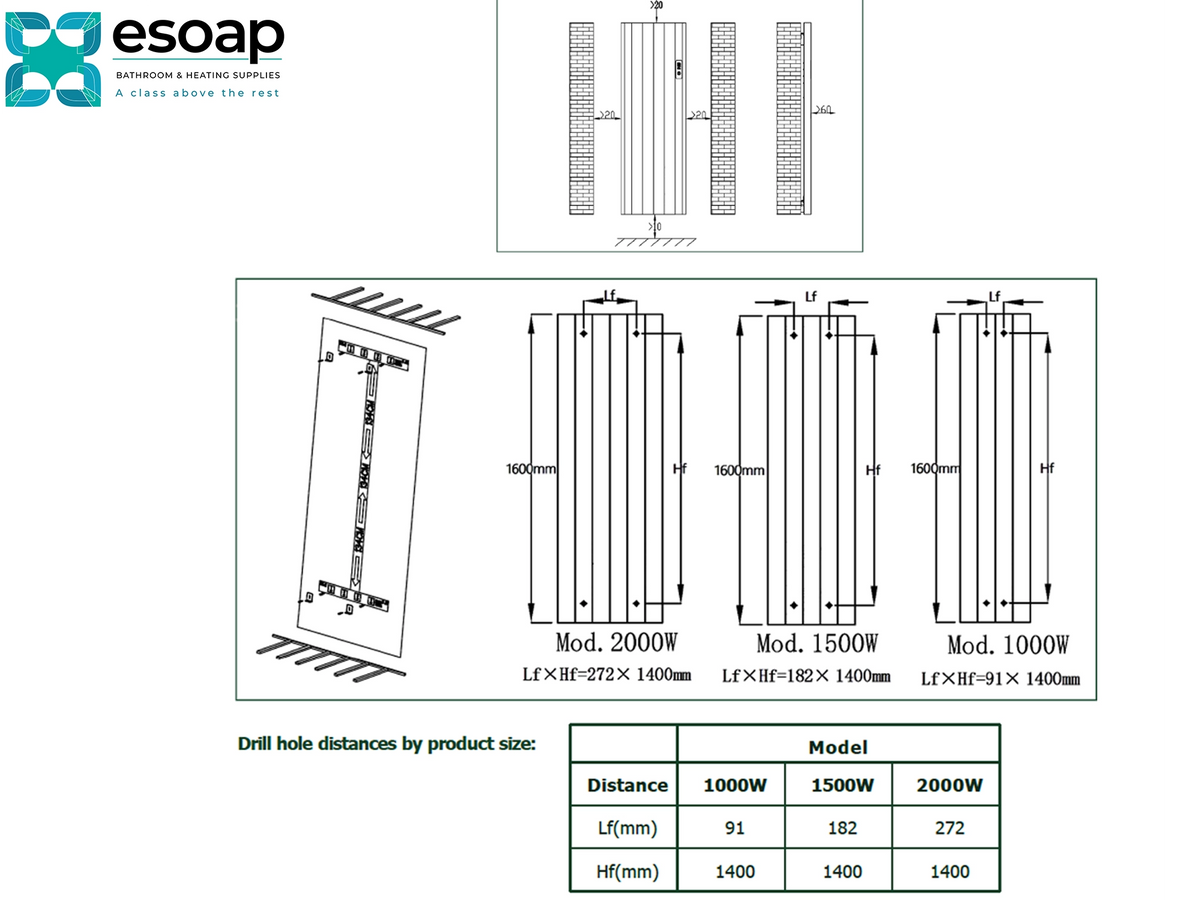 Technical specification sheet for Esoap dishwashers, showing dimension diagrams of inner door drill holes for models 1000W, 1500W, and 2000W, along with a distance reference table. Reina Maia Vertical White Designer Radiator
