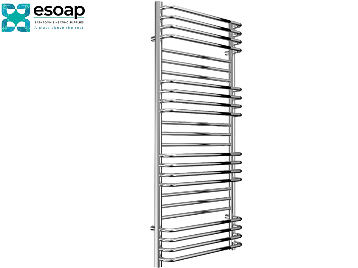 A tall, narrow chrome towel rail with multiple horizontal bars, shown on a plain white background with the Esoap logo in the top-left corner Reina Marco 1100x500 Chrome Designer Radiator
