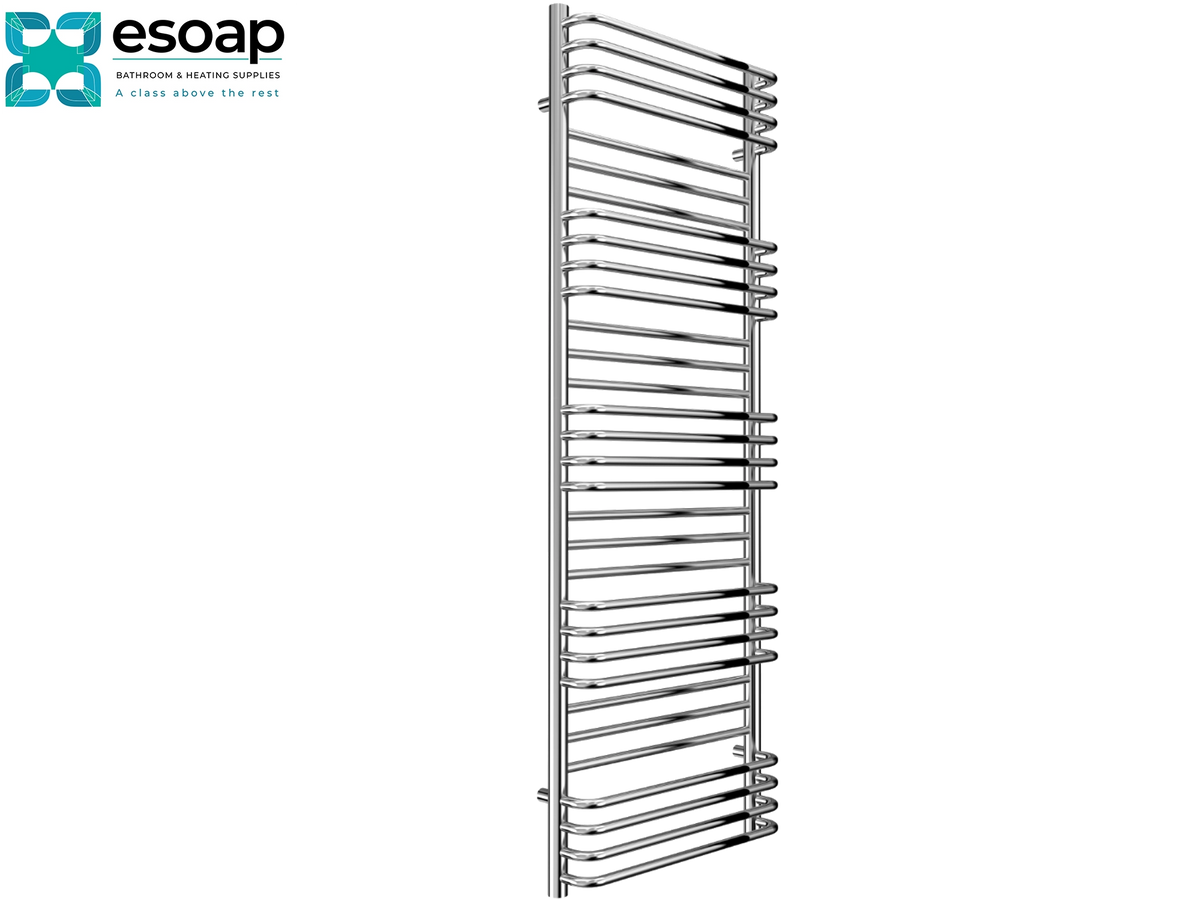 A tall, modern chrome towel rail with multiple horizontal bars, shown on a plain white background with the Esoap brand logo in the top-left corner Reina Marco 1400x500 Chrome Designer Radiator