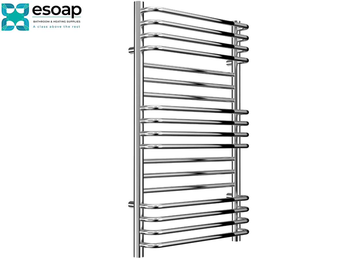 A tall, modern heated towel rail with a polished chrome finish, featuring multiple curved horizontal bars. The product is shown on a plain white background with the 'esoap' brand logo in the top-left corner Reina Marco 800x500 Chrome Designer Radiator