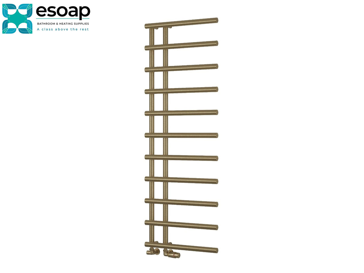 A tall, narrow brass towel radiator with horizontal bars, shown on a plain white background with the esoap brand logo in the top-left corner Reina Matera 1412x500 Brushed Brass Designer Radiator