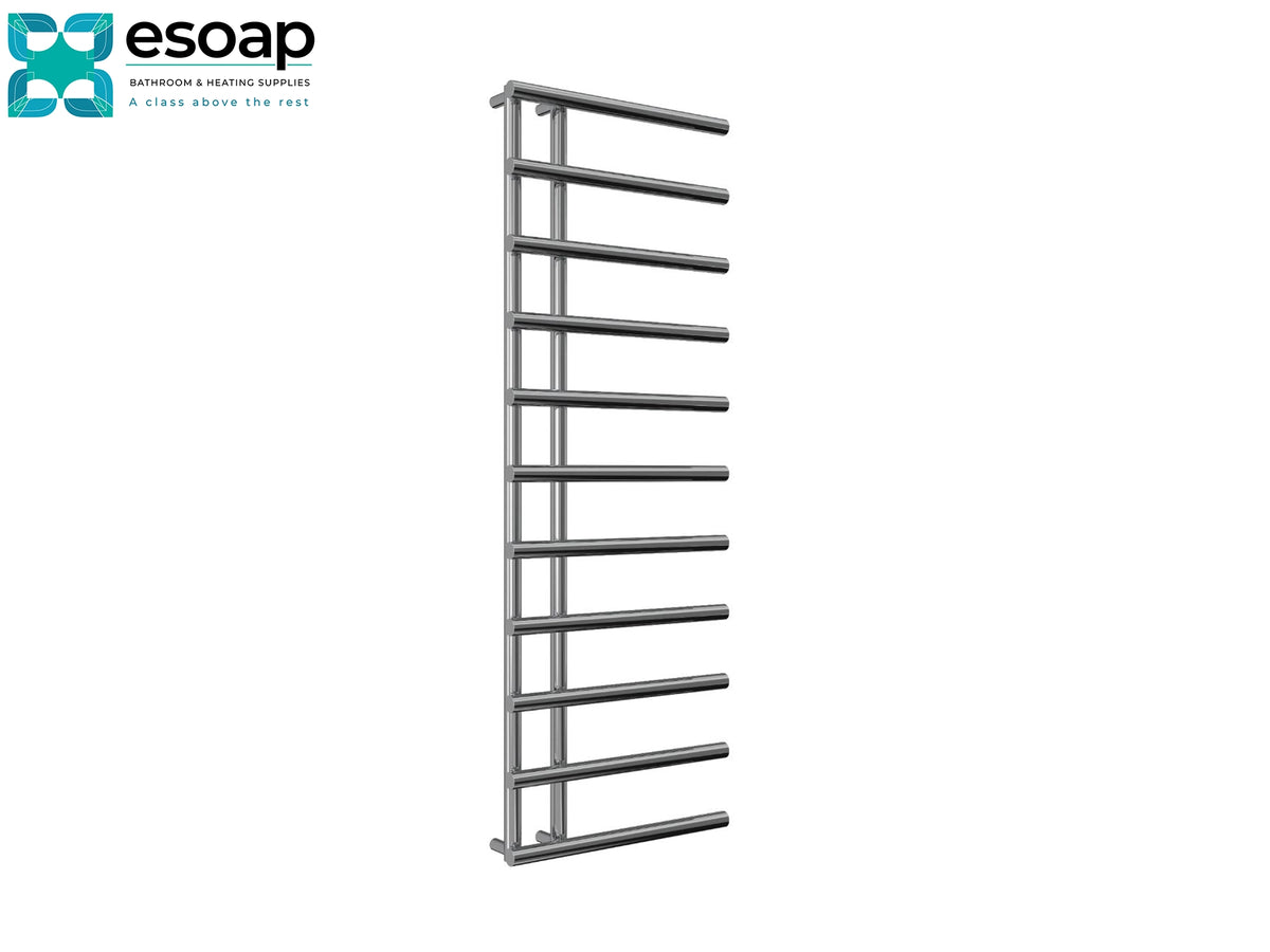 A tall, narrow stainless steel ladder-style towel rail shown on a plain white background, with the Esoap brand logo in the top-left corner Reina Matera 1412x500 Chrome Designer Radiator