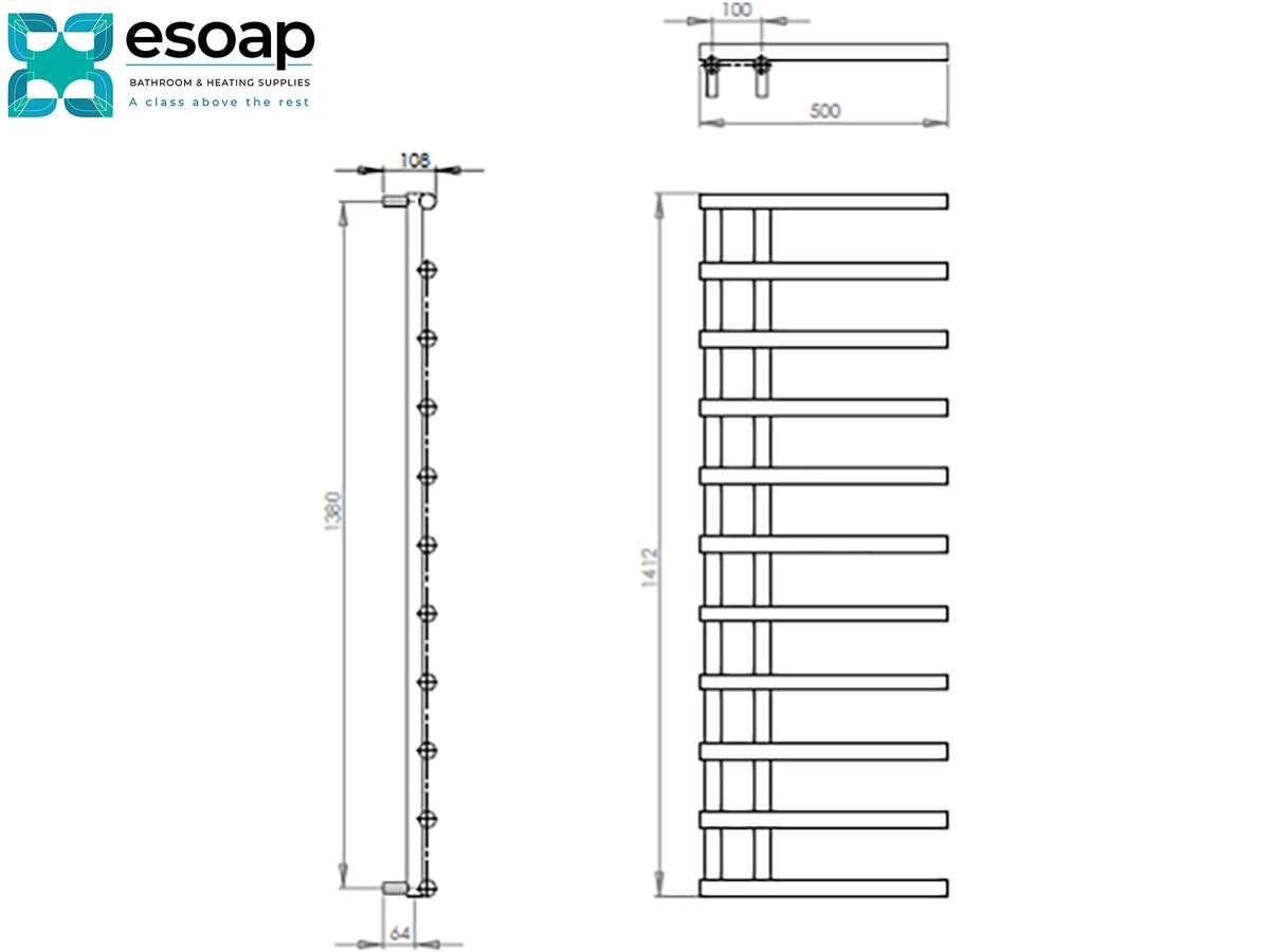 Technical dimension drawing of a white radiator finned tube cover with multiple horizontal fins, showing front, side, and top-down views with measurements, on a white background with the esoap logo in the top left Reina Matera Designer Radiator