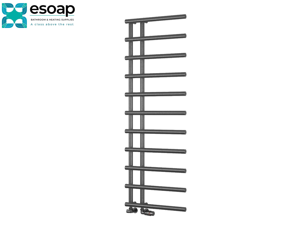 A dark gray vertical towel radiator with horizontal bars, shown on a plain white background with the esoap brand logo in the top-left corner Reina Matera 1412x500 Gun Metal Designer Radiator