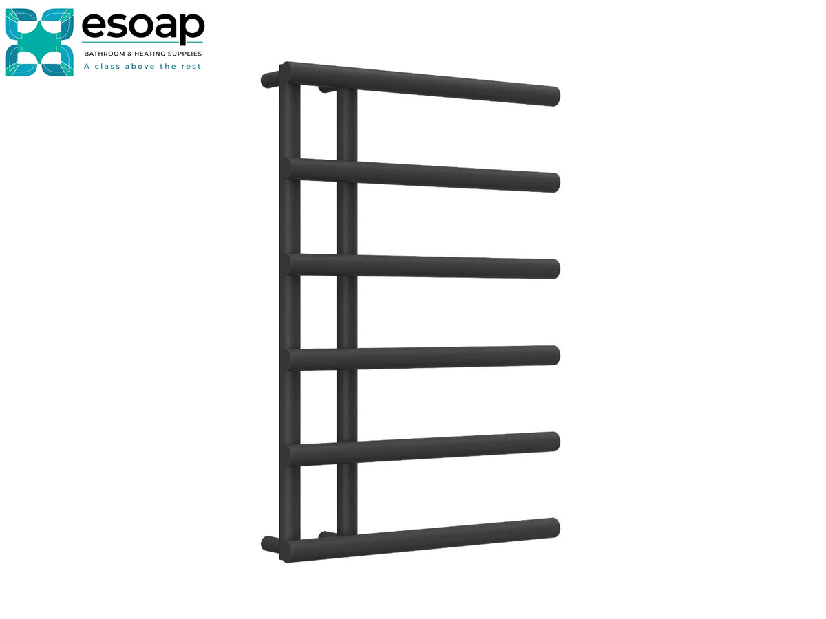A dark gray heated towel rail with five horizontal bars, shown on a plain white background with the Esoap brand logo in the top-left corner Reina Matera 722x500 Black Designer Radiator