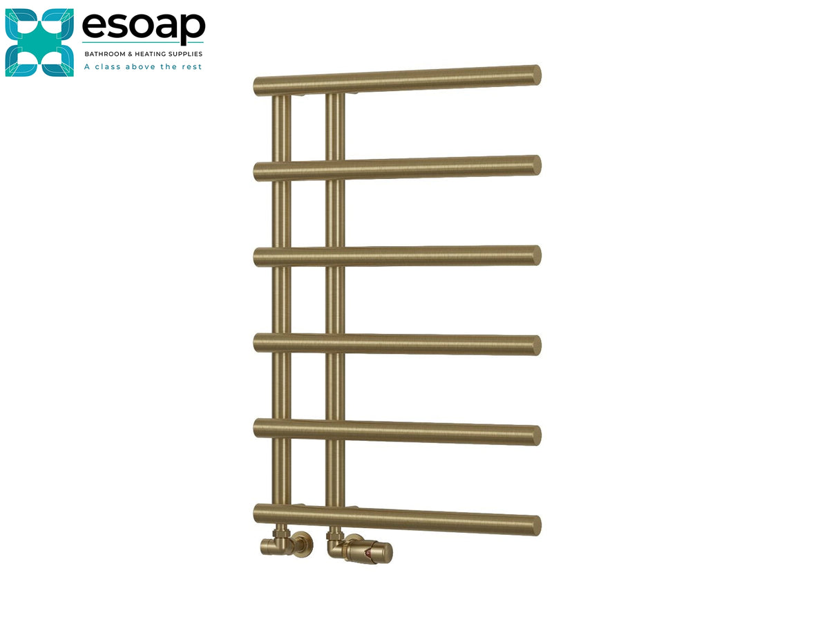 A brass-finished heated towel rail with five horizontal bars and two bottom valves, shown on a plain white background with the esoap logo in the top-left corner Reina Matera 722x500 Brushed Brass Designer Radiator