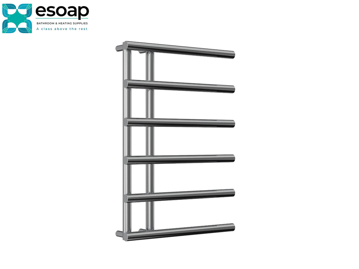 A wall-mounted stainless steel towel rail with five horizontal bars, shown on a plain white background with the Esoap logo in the top-left corner Reina Matera 722x500 Chrome Designer Radiator