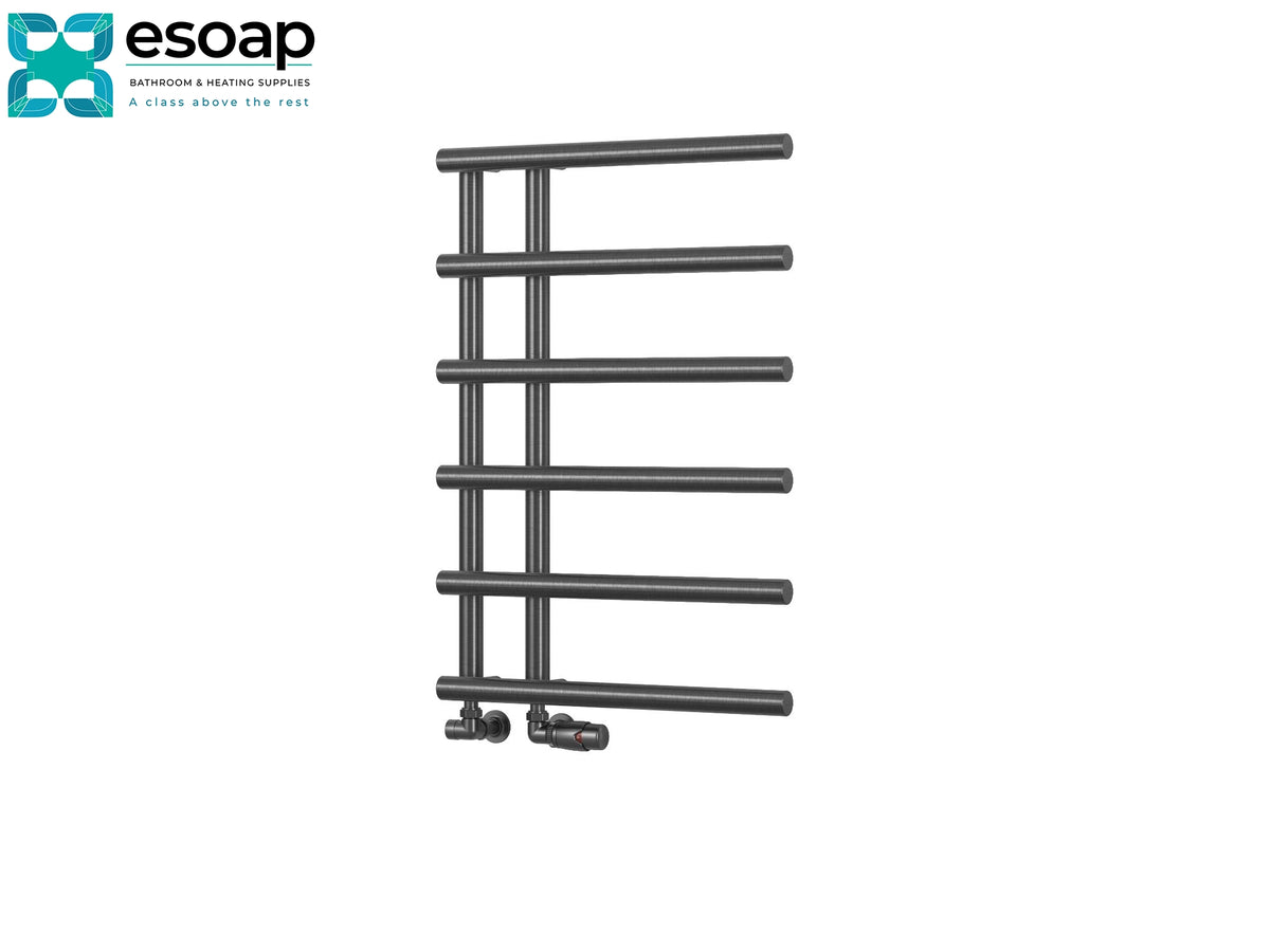 A dark gray heated towel rail with five horizontal bars and two bottom pipe connectors, shown on a plain white background with the esoap logo in the top-left corner Reina Matera 722x500 Gun Metal Designer Radiator