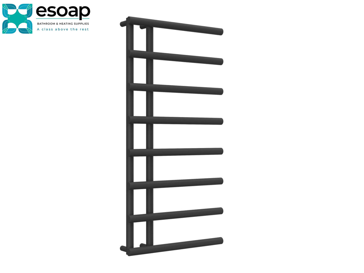 A dark gray wall-mounted towel rail with horizontal bars, shown on a plain white background with the Esoap logo in the top-left corner Reina Matera 998x500 Gun Metal Designer Radiator
