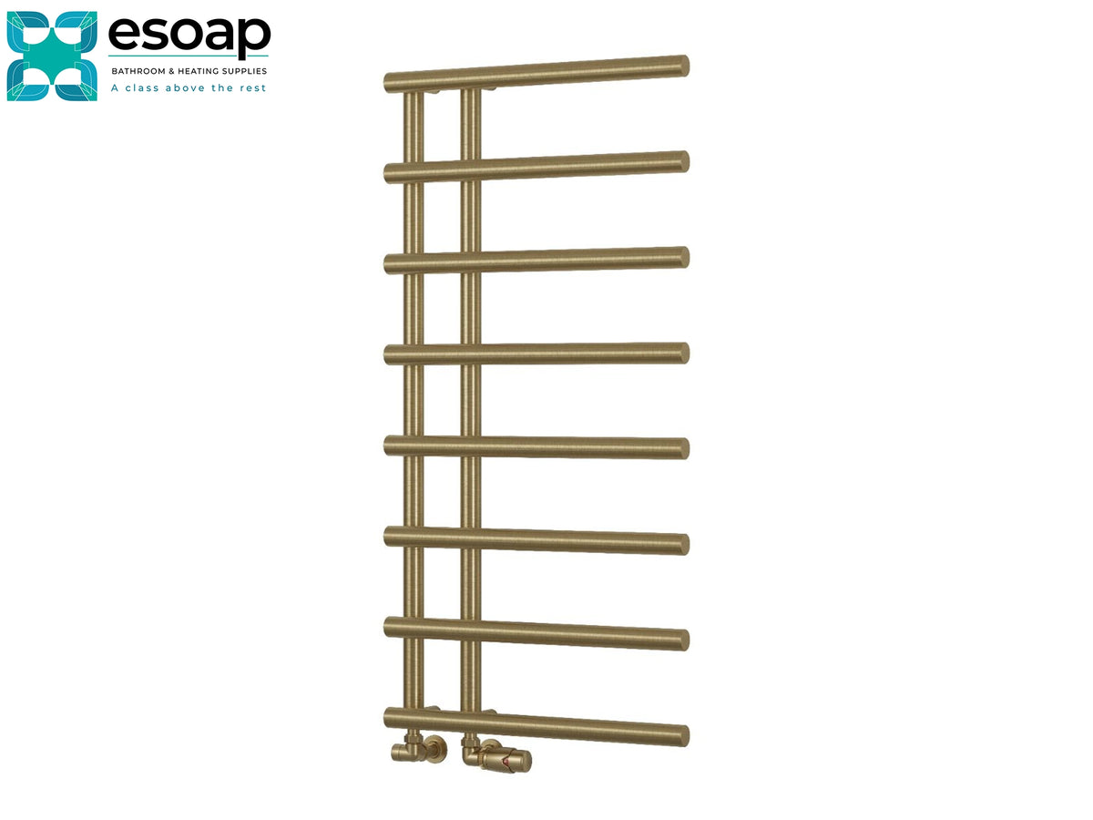 A brass-colored heated towel rail radiator shown on a plain white background, with the Esoap brand logo in the top-left corner Reina Matera 998x500 Brushed Brass Designer Radiator