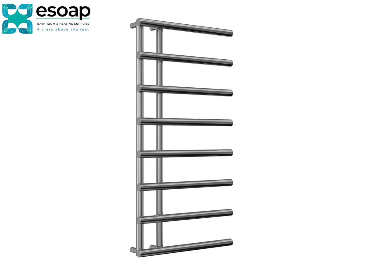 A vertical stainless steel heated towel rail with eight horizontal bars, shown on a plain white background with the esoap brand logo in the top-left corner Reina Matera 998x500 Chrome Designer Radiator