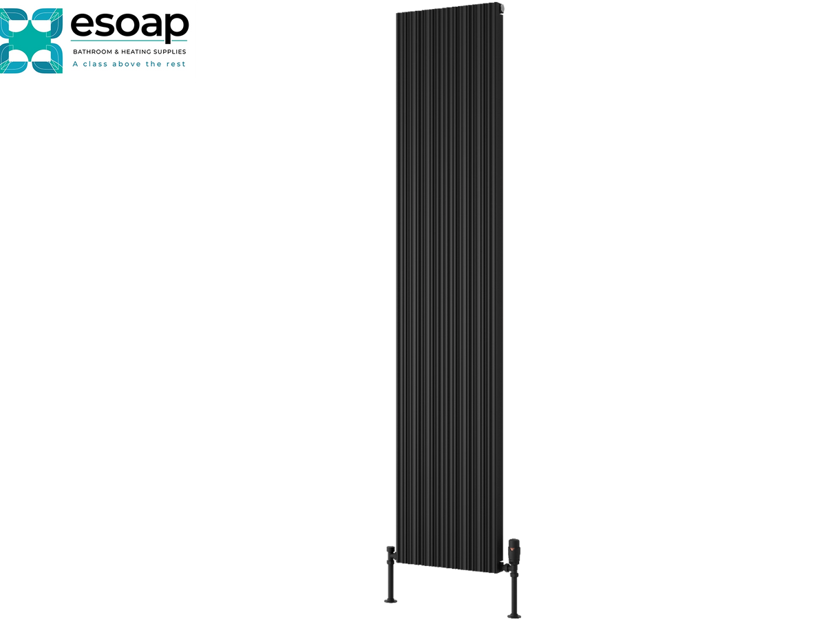 A tall, narrow black vertical panel radiator shown on a plain white background, with the Esoap logo in the top-left corner. Reina Melvin 1800x360 Black Designer Radiator