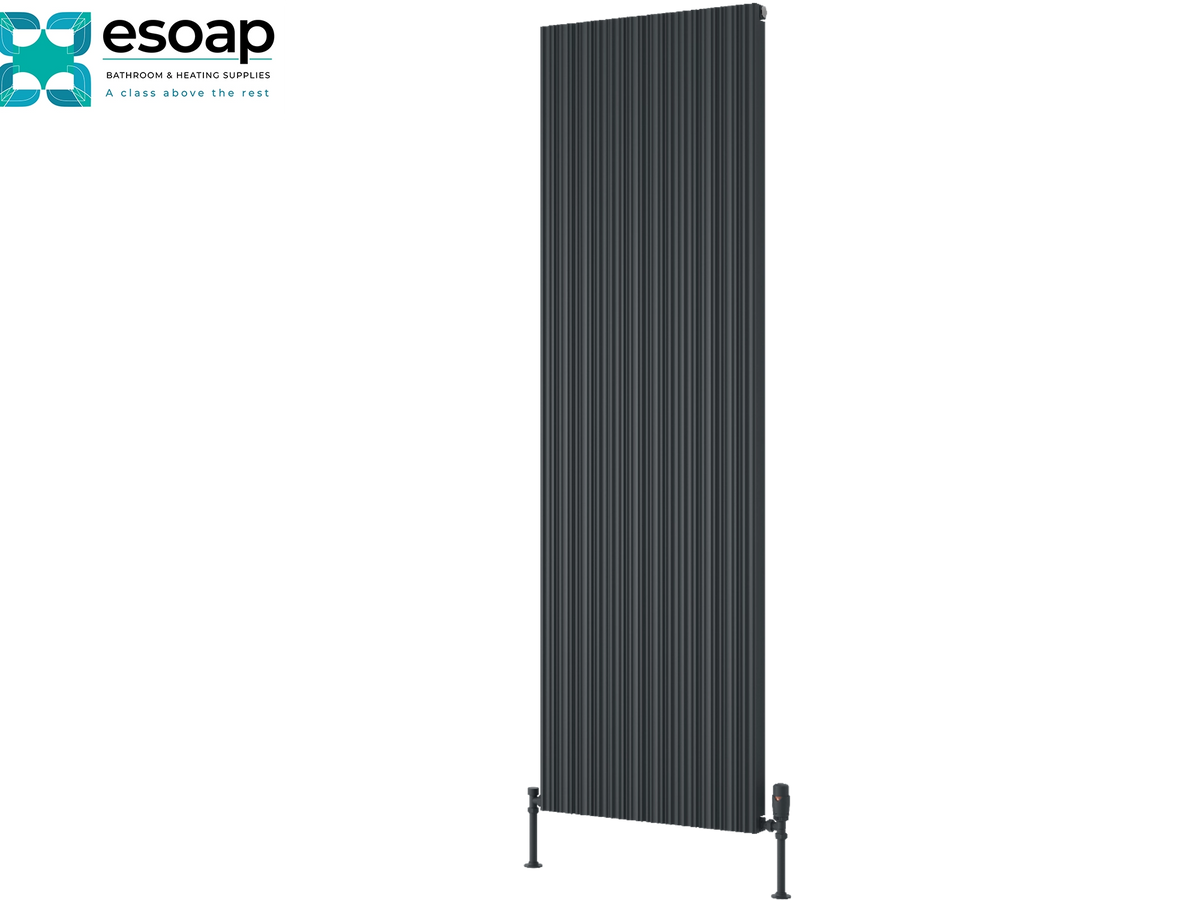 A tall, dark charcoal gray vertical panel radiator shown on a plain white background, with the Esoap brand logo in the top-left corner. Reina Melvin 1800x540 Anthracite Designer Radiator
