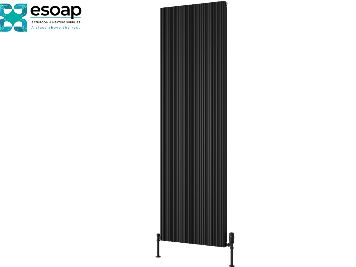 A tall, narrow black vertical panel radiator shown on a plain white background, with the Esoap logo in the top-left corner. Reina Melvin 1800x540 Black Designer Radiator