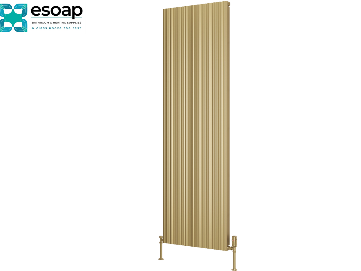 A tall, narrow radiator with vertical fluted panels in a warm champagne-gold finish, shown on a plain white background with the essoap logo in the top-left corner. Reina Melvin 1800x540 Brass Designer Radiator