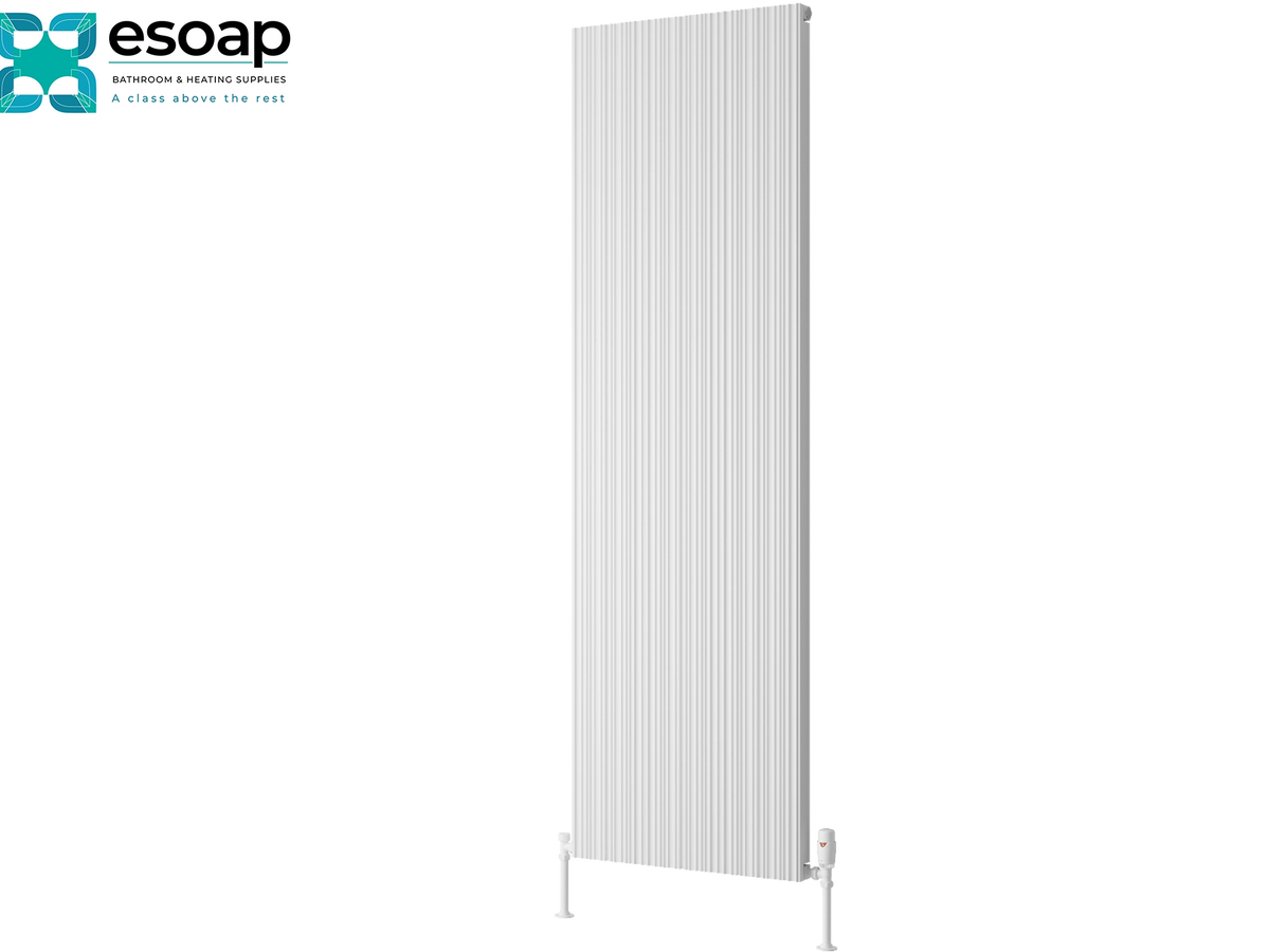 A tall, white panel radiator with vertical fins, shown against a plain white background with the Esoap brand logo in the top-left corner. Reina Melvin 1800x540 White Designer Radiator