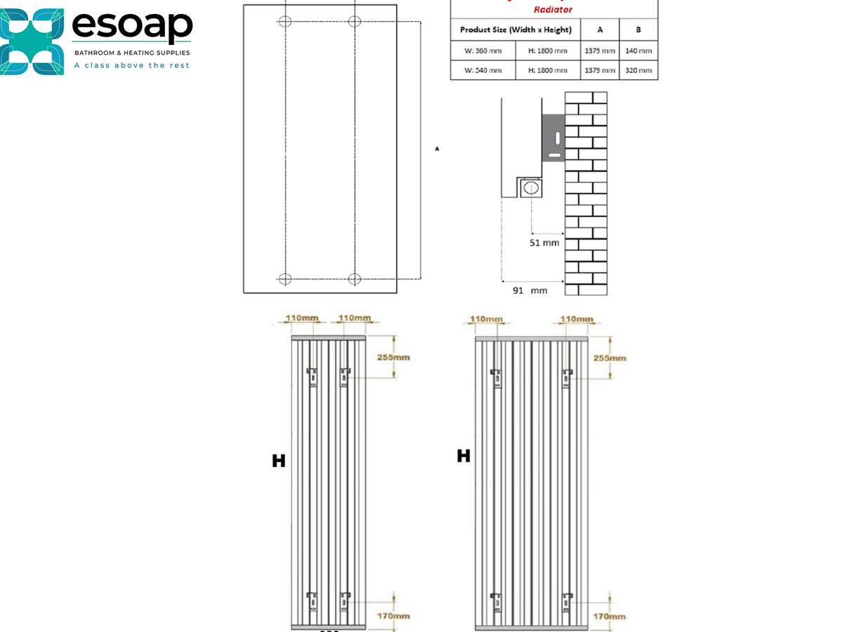 Technical product diagram for an Esoap radiator, showing front and side views with dimensions, a section detail, and a small product spec table on a white background. Reina Melvin Designer Radiator