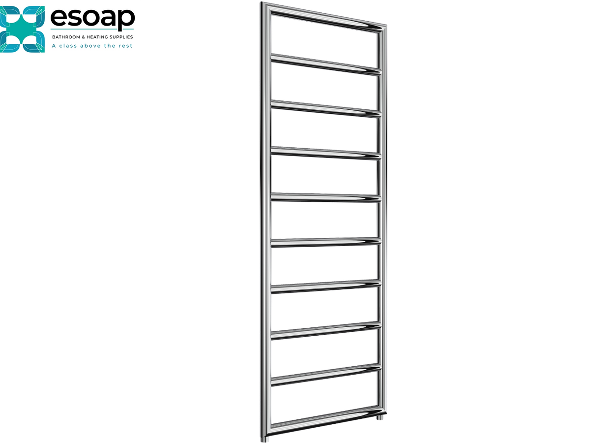 A tall, narrow stainless steel towel rail with multiple horizontal bars, shown on a plain white background. The Esoap brand logo is visible in the top-left corner Reina Nardo 1200x450 Chrome Designer Radiator