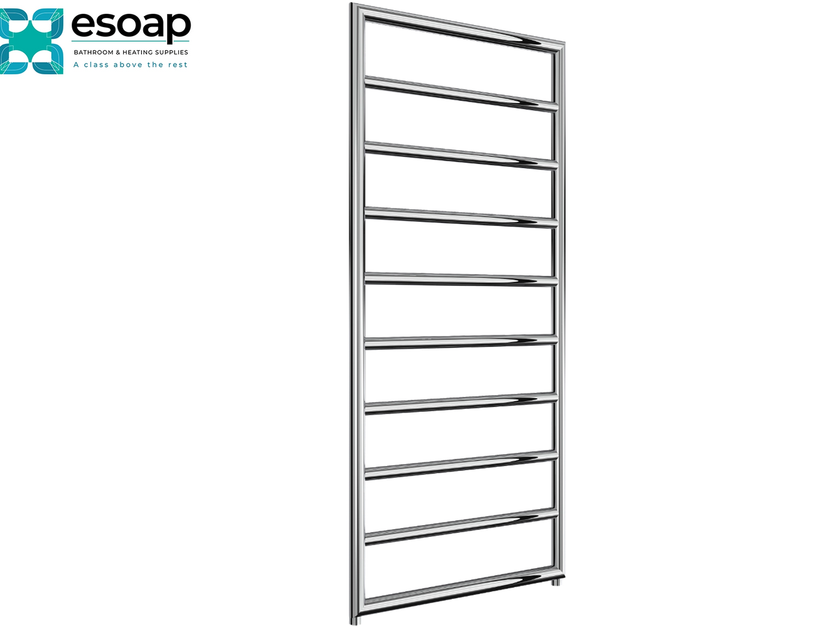 A tall, narrow stainless steel towel rail with multiple horizontal bars, shown on a plain white background. The Esoap brand logo is visible in the top-left corner Reina Nardo 1200x550 Chrome Designer Radiator