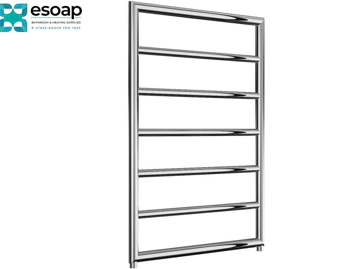A polished chrome towel radiator with six horizontal bars, shown on a solid white background with the Esoap brand logo in the top-left corner Reina Nardo 813x550 Chrome Designer Radiator