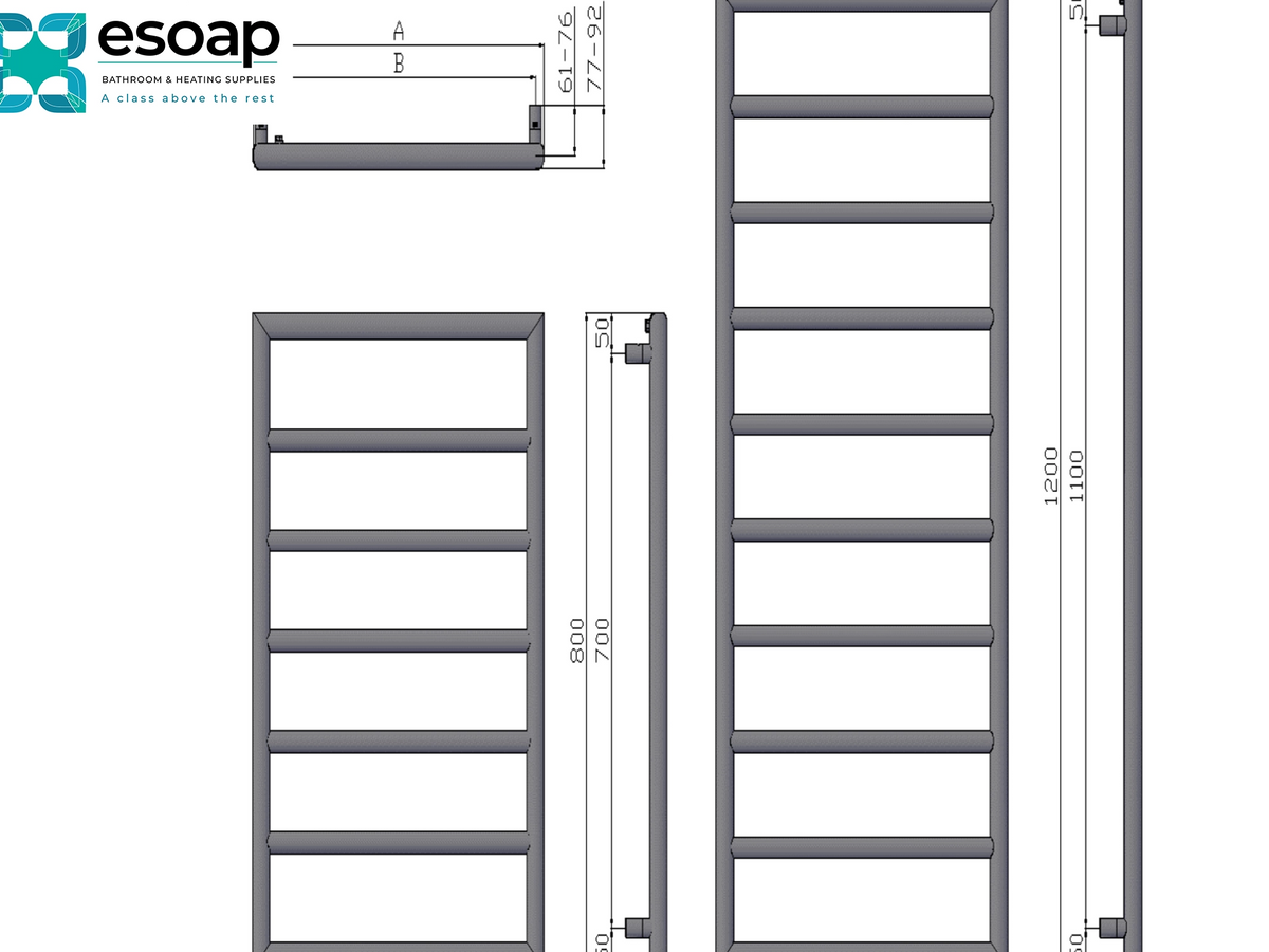 Technical dimension diagram of a grey metal ladder towel rail by the brand esoap, showing multiple angles with measurements on a white background Reina Nardo Chrome Designer Radiator
