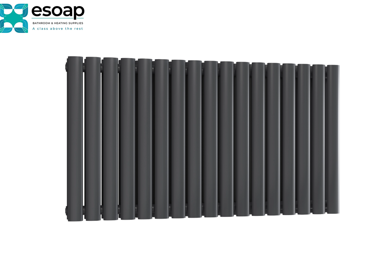 A dark gray multi-bar radiator shown from a front angle on a white background, with the esoap brand logo in the top-left corner Reina Neva Horizontal Double 550x1003 Anthracite Designer Radiator