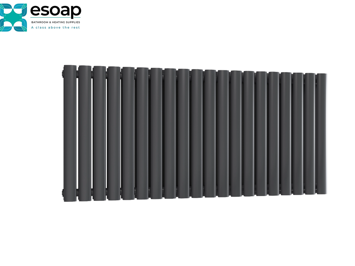 A dark gray panel radiators with a modern vertical bar design, shown from a top-down perspective on a white background with the Esoap logo in the top-left corner Reina Neva Horizontal Double 550x1180 Anthracite Designer Radiator