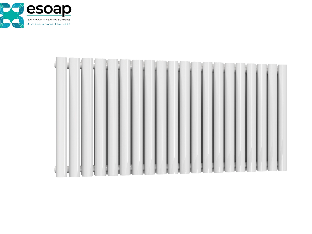 A white vertical-panel radiator shown from a front angle against a plain white background, with the esoap logo in the top-left corner Reina Neva Horizontal Double 550x1180 White Designer Radiator