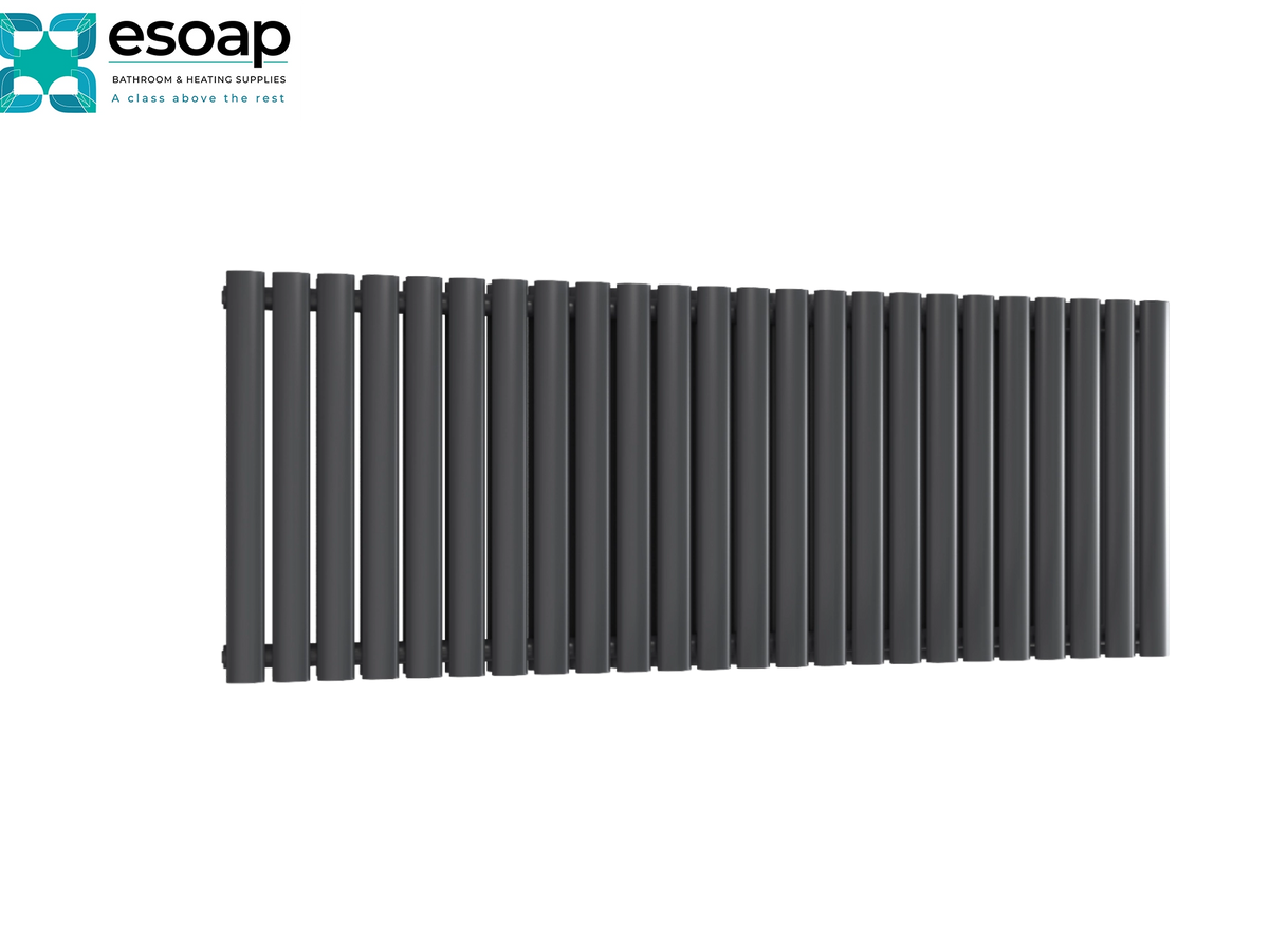A dark gray horizontal panel radiator shown from a front angle on a white background, with the esoap brand logo in the top-left corner Reina Neva Horizontal Double 550x1416 Anthracite Designer Radiator
