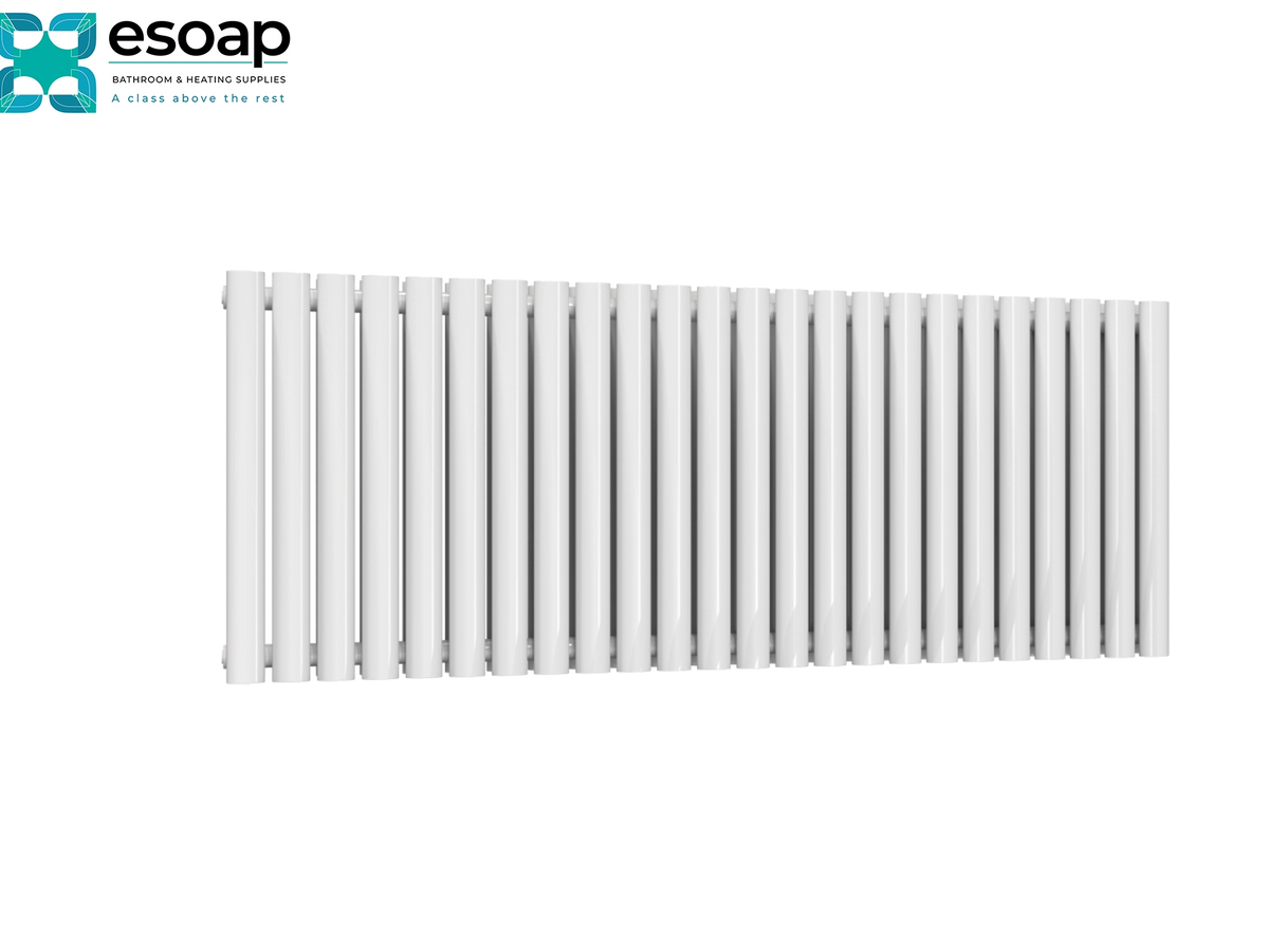 A white slotted panel radiator shown from a front angle on a plain white background, with the Esoap brand logo in the top-left corner Reina Neva Horizontal Double 550x1416 White Designer Radiator
