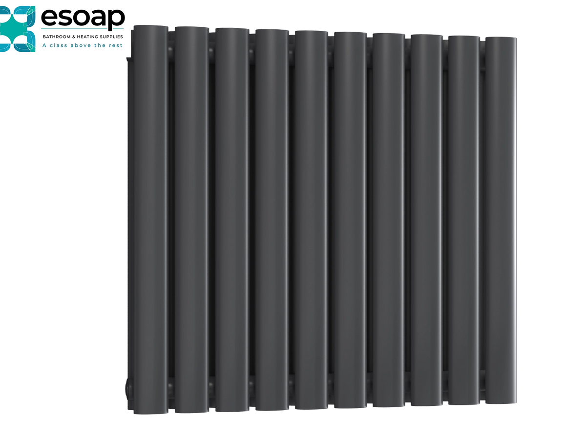 A dark gray vertical panel radiator shown from a front angle against a white background, with the esoap brand logo in the top-left corner Reina Neva Horizontal Double 550x590 Anthracite Designer Radiator