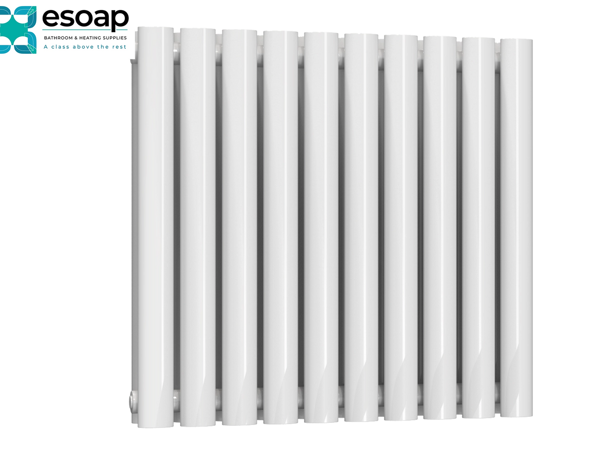 A white multi-bar radiator shown from a front angle against a white background, featuring the 'esoap' brand logo in the top-left corner Reina Neva Horizontal Double 550x590 White Designer Radiator