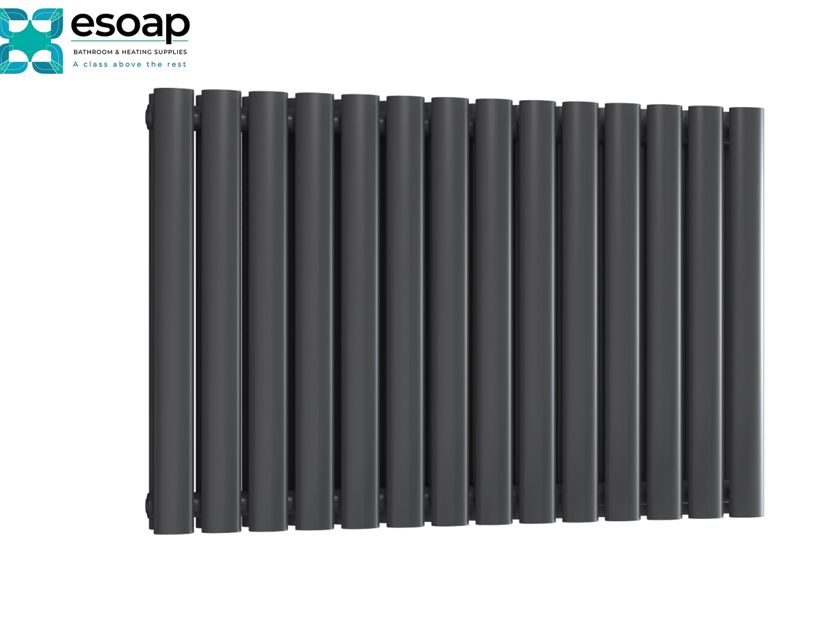 A dark gray multi-panel column radiator shown from a front angle against a white background, with the esoap brand logo in the top-left corner Reina Neva Horizontal Double 550x826 Anthracite Designer Radiator