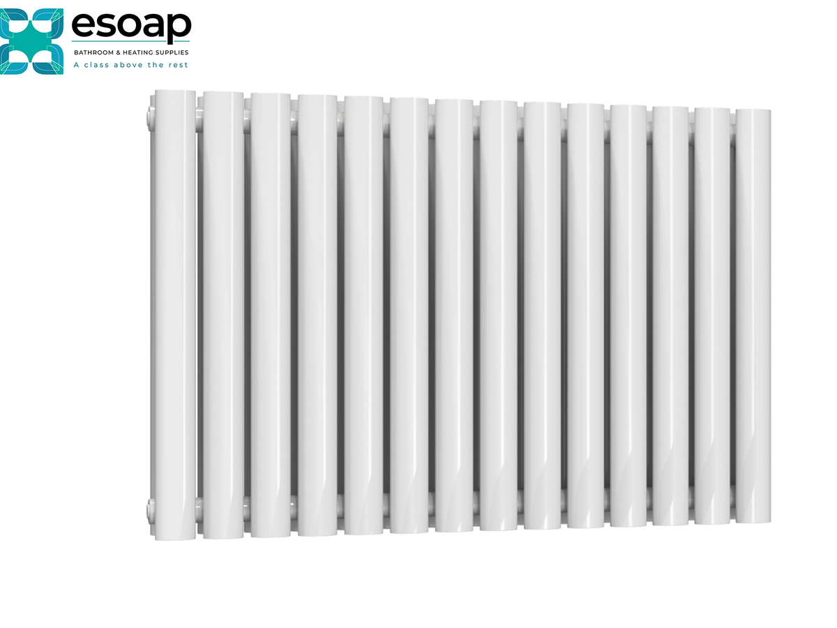 A white multi-bar radiator shown from a front angle against a white background, with the esoap logo in the top-left corner Reina Neva Horizontal Double 550x826 White Designer Radiator