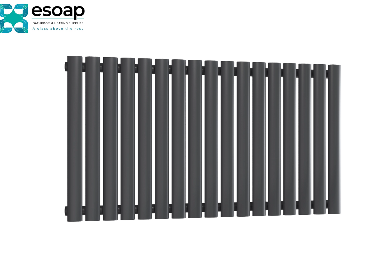 A dark gray vertical slat radiator shown from a front angle on a white background, with the Esoap logo in the top-left corner Reina Neva Horizontal Single 550x1003 Anthracite Designer Radiator