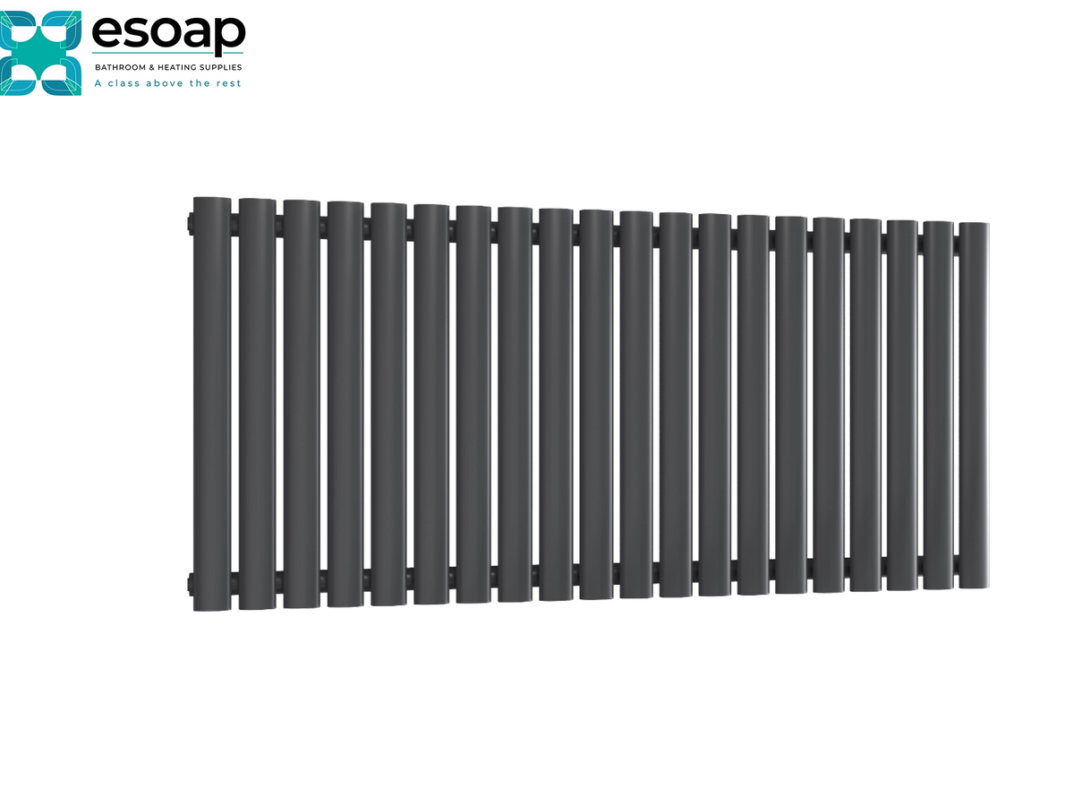 A dark gray vertical slat radiator shown from a three-quarters perspective on a white background, with the esoap brand logo in the top-left corner Reina Neva Horizontal Single 550x1180 Anthracite Designer Radiator