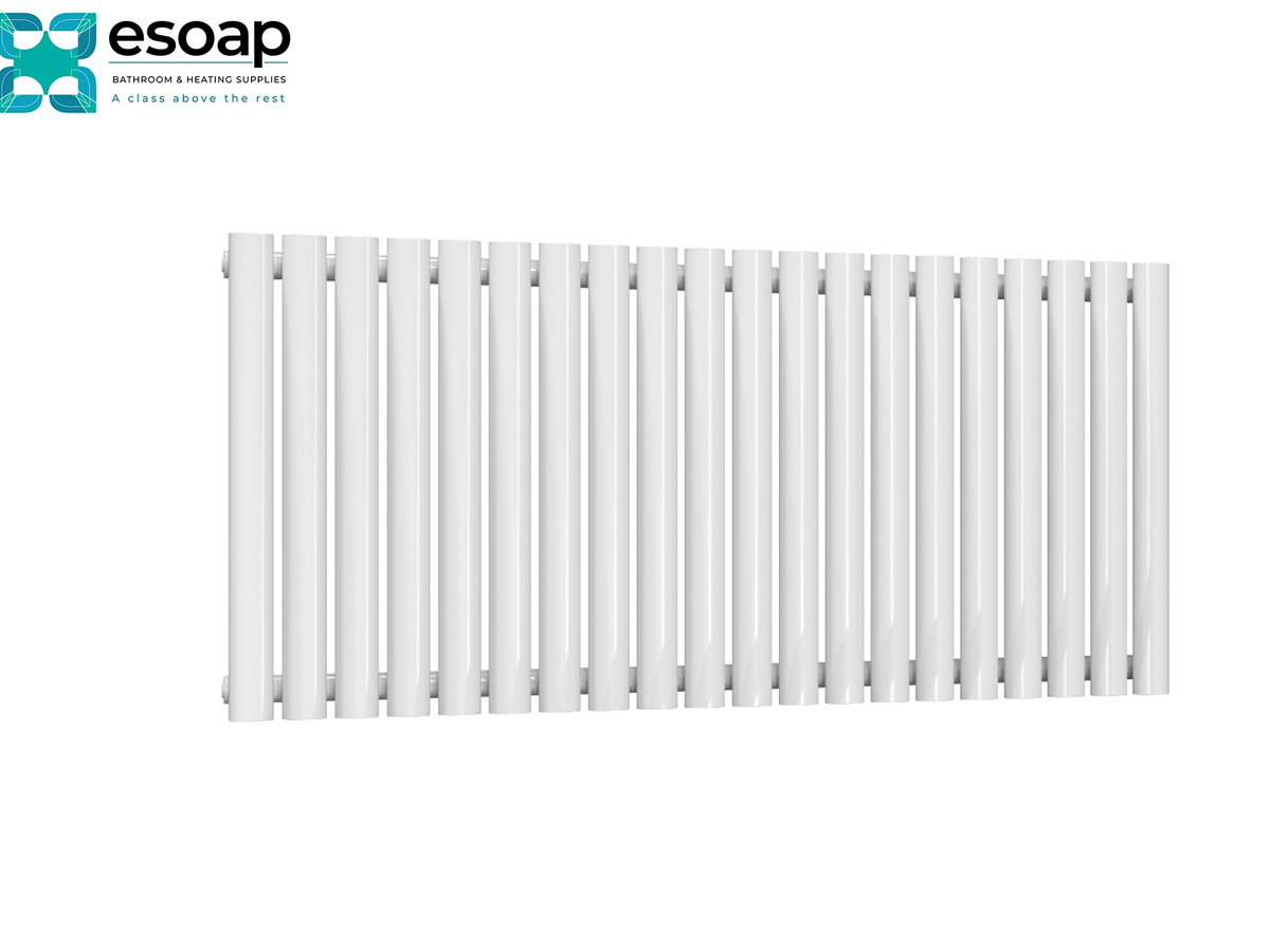 A white panel radiators by Esoap, featuring a modern vertical slat design, shown against a plain white background with the Esoap logo in the top-left corner Reina Neva Horizontal Single 550x1180 White Designer Radiator