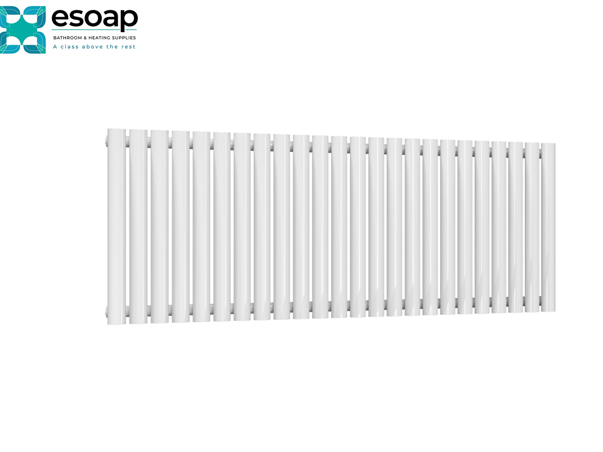 A white rectangular radiator with vertical fins, shown on a plain white background with the esoop logo in the top-left corner Reina Neva Horizontal Single 550x1416 White Designer Radiator