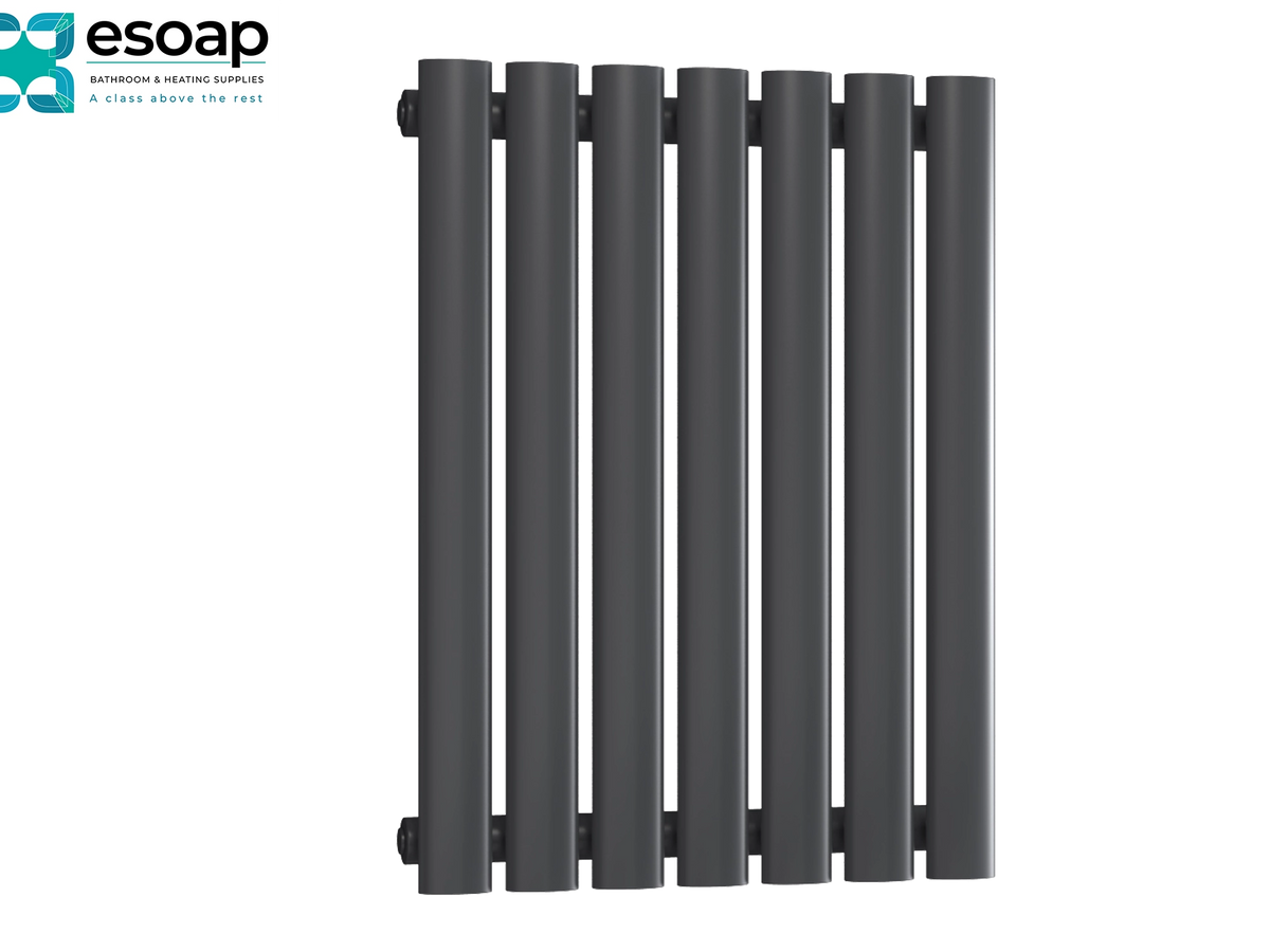 A dark gray multi-bar radiator shown against a white background, featuring the Esoap brand logo in the top-left corner Reina Neva Horizontal Single 550x413 Anthracite Designer Radiator