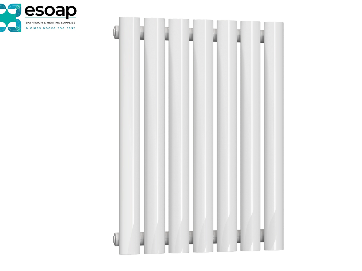 A white vertical panel radiator with multiple rounded cylindrical tubes, shown against a plain white background with the Esoap logo in the top-left corner Reina Neva Horizontal Single 550x413 White Designer Radiator