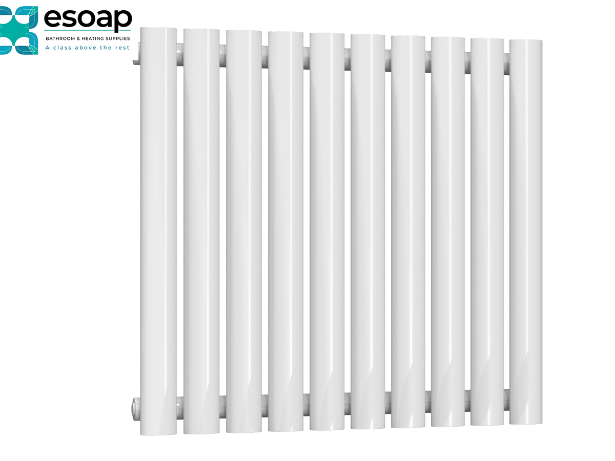 A white vertical slat radiator shown against a plain white background, with the essoap logo in the top-left corner Reina Neva Horizontal Single 550x590 White Designer Radiator